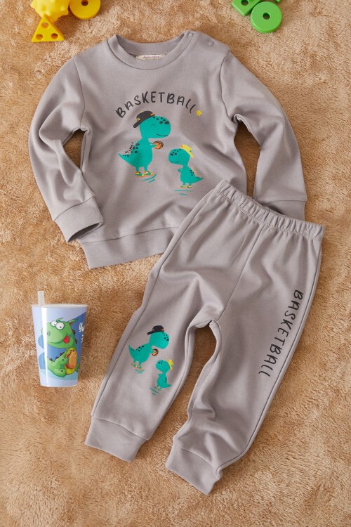 Koyu Gri Dinozor Baskılı Basketball Yazılı Erkek Bebek Takım 17550