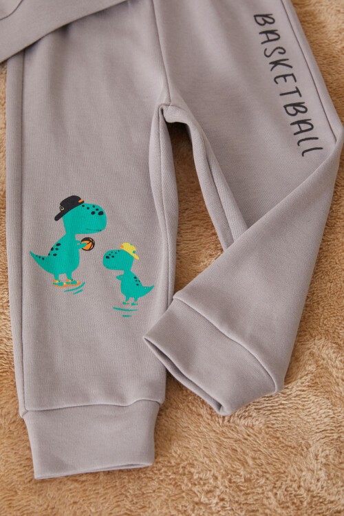 Koyu Gri Dinozor Baskılı Basketball Yazılı Erkek Bebek Takım 17550