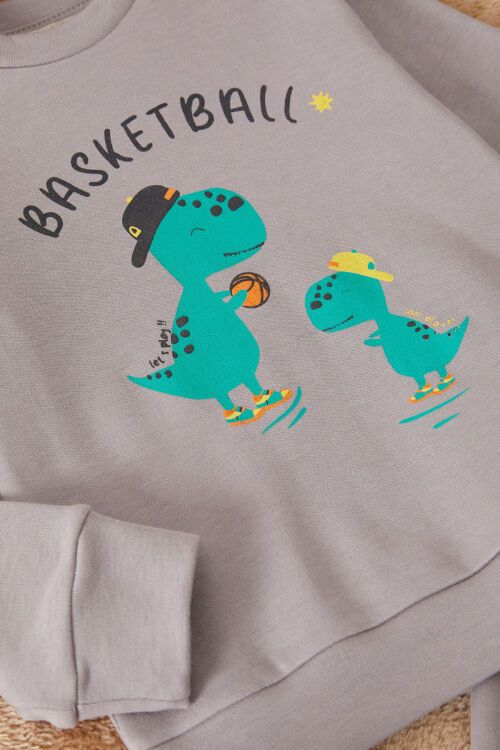 Koyu Gri Dinozor Baskılı Basketball Yazılı Erkek Bebek Takım 17550