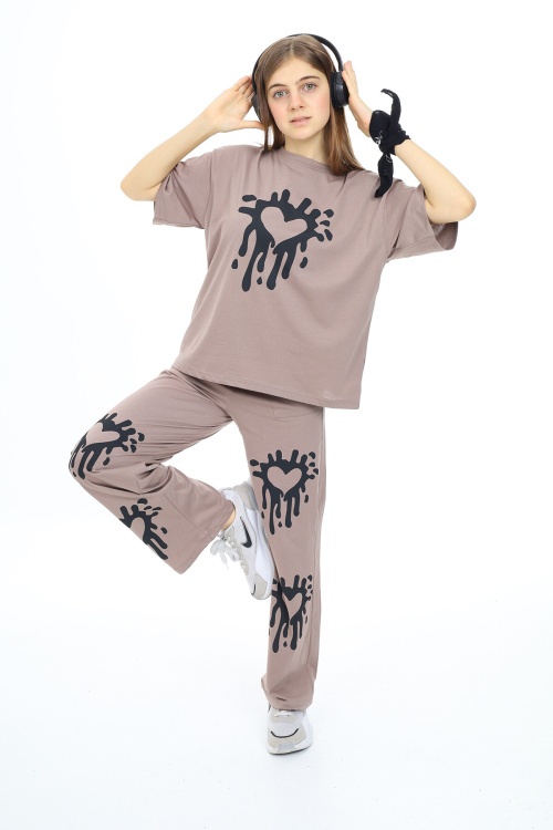Bej Kalp Desenli Kız Çocuk Takım 17914