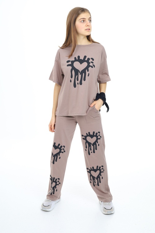 Bej Kalp Desenli Kız Çocuk Takım 17914