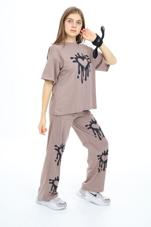 Bej Kalp Desenli Kız Çocuk Takım 17914