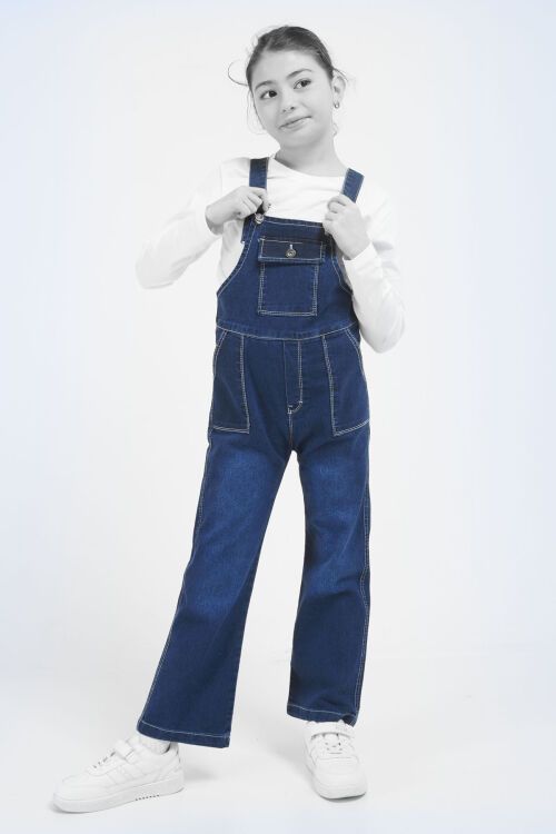 Koyu Mavi Göğüs Cepli Kız Çocuk Jean Salopet Tulum 17609