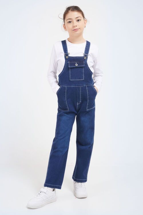 Koyu Mavi Göğüs Cepli Kız Çocuk Jean Salopet Tulum 17609