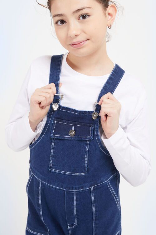 Koyu Mavi Göğüs Cepli Kız Çocuk Jean Salopet Tulum 17609