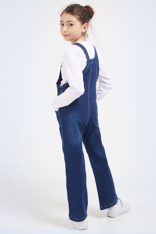 Koyu Mavi Göğüs Cepli Kız Çocuk Jean Salopet Tulum 17609