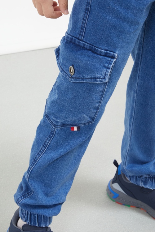 Koyu Mavi Kargo Cepli Erkek Çocuk Beli Lastikli Jean Pantolon 17754