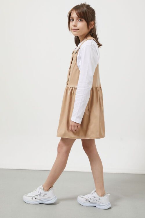 Krem Askılı Kız Çocuk Suni Deri Salopet 17639