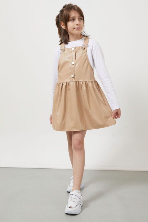 Krem Askılı Kız Çocuk Suni Deri Salopet 17639