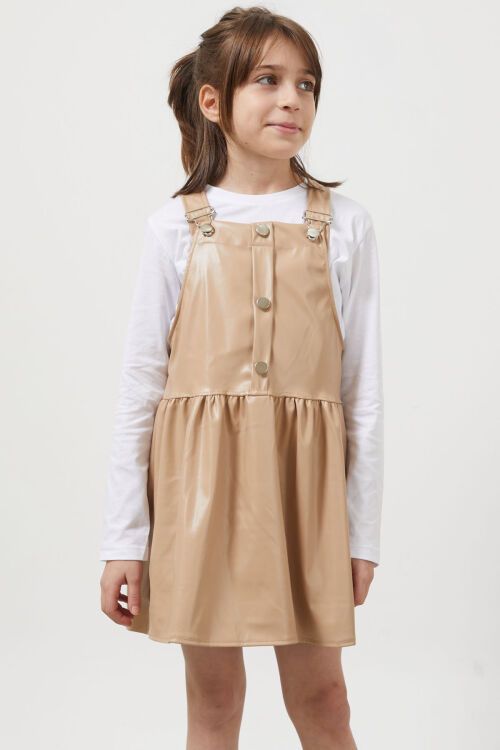 Krem Askılı Kız Çocuk Suni Deri Salopet 17639