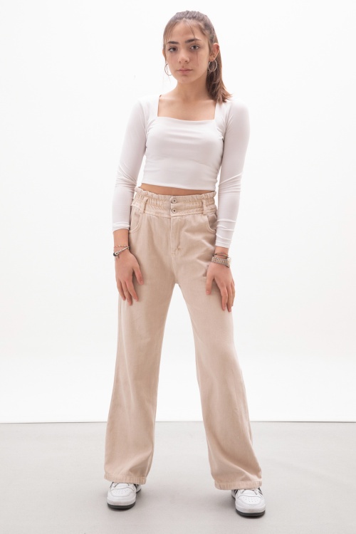 Krem Beli Lastikli Geniş Paça Kız Çocuk Jean Pantolon 17985