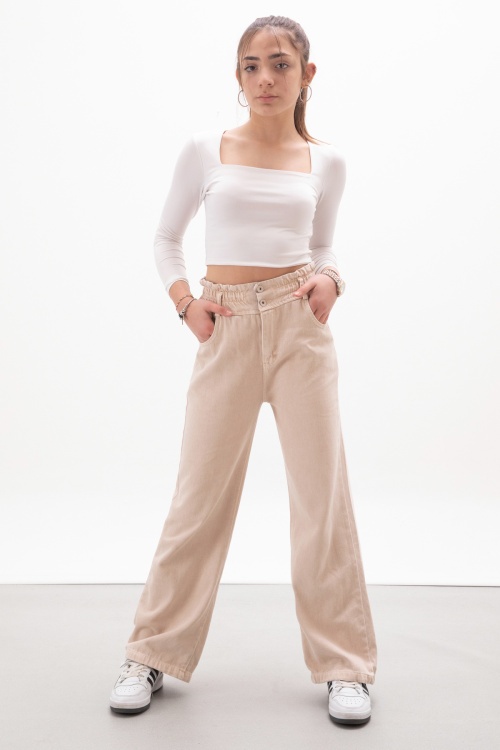 Krem Beli Lastikli Geniş Paça Kız Çocuk Jean Pantolon 17985