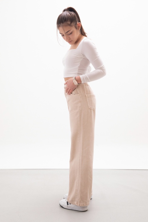 Krem Beli Lastikli Geniş Paça Kız Çocuk Jean Pantolon 17985