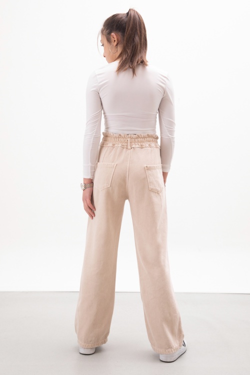 Krem Beli Lastikli Geniş Paça Kız Çocuk Jean Pantolon 17985