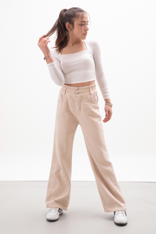 Krem Beli Lastikli Geniş Paça Kız Çocuk Jean Pantolon 17985