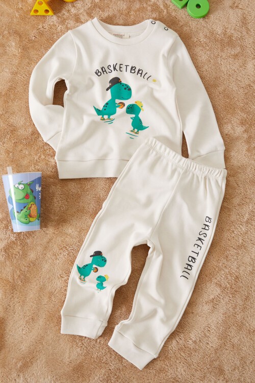 Krem Dinozor Baskılı Basketball Yazılı Erkek Bebek Takım 17538