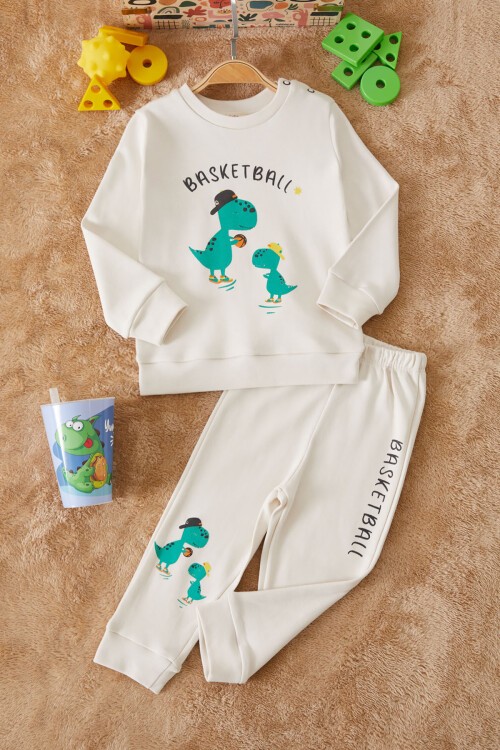 Krem Dinozor Baskılı Basketball Yazılı Erkek Bebek Takım 17538