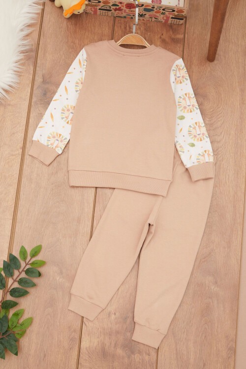 Krem Erkek Bebek Hayvan Desenli Kanguru Cepli Eşofman Takımı 17382