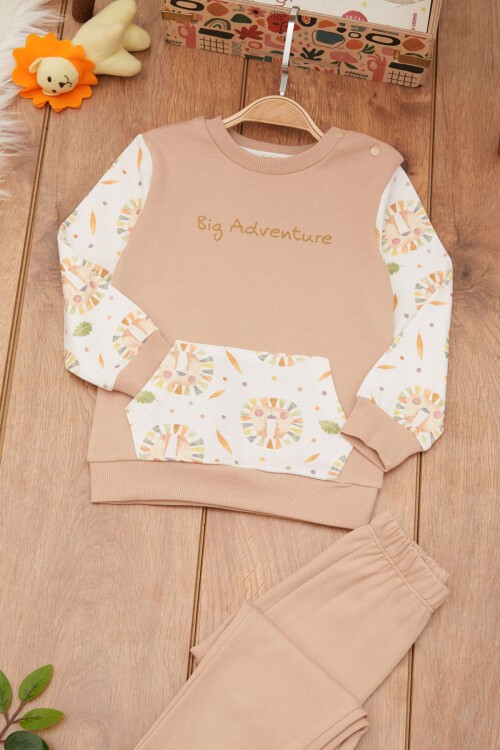 Krem Erkek Bebek Hayvan Desenli Kanguru Cepli Eşofman Takımı 17382