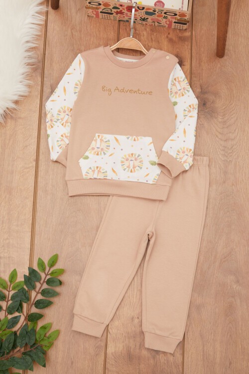 Krem Erkek Bebek Hayvan Desenli Kanguru Cepli Eşofman Takımı 17382