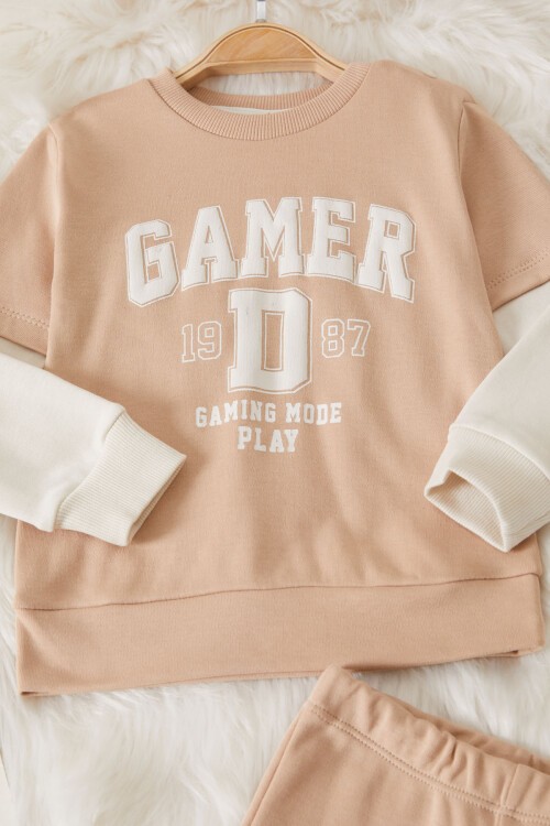 Krem Gamer Şeritli Baskılı Erkek Bebek Eşofman Takımı 17451