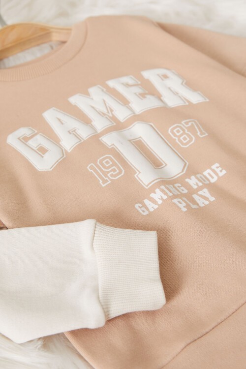 Krem Gamer Şeritli Baskılı Erkek Bebek Eşofman Takımı 17451