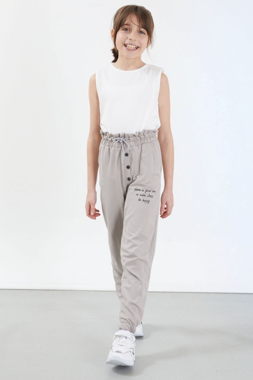 Krem Have a Good Time Yazılı Düğme Detaylı Kız Eşofman Altı 17679