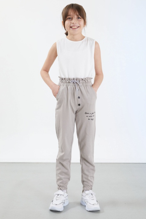 Krem Have a Good Time Yazılı Düğme Detaylı Kız Eşofman Altı 17679