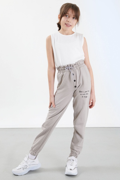 Krem Have a Good Time Yazılı Düğme Detaylı Kız Eşofman Altı 17679