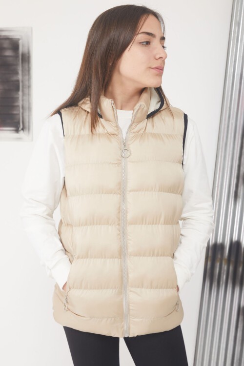 Krem Kapüşonlu Fermuar Cepli Çocuk Şişme Yelek 17530