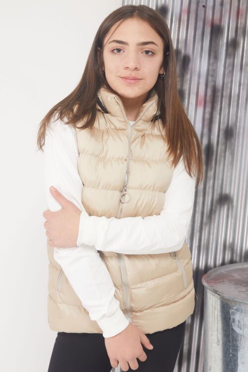 Krem Kapüşonlu Fermuar Cepli Çocuk Şişme Yelek 17530