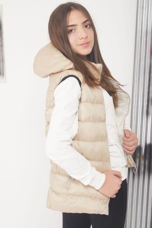 Krem Kapüşonlu Fermuar Cepli Çocuk Şişme Yelek 17530