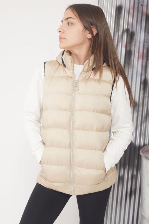 Krem Kapüşonlu Fermuar Cepli Çocuk Şişme Yelek 17530