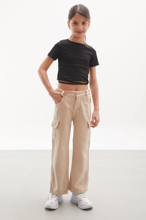 Krem Kargo Cepli Geniş Paça Kız Çocuk Jean Pantolon 18113