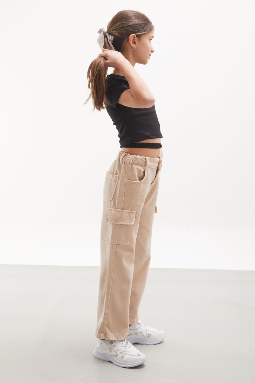 Krem Kargo Cepli Geniş Paça Kız Çocuk Jean Pantolon 18113