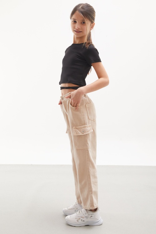 Krem Kargo Cepli Geniş Paça Kız Çocuk Jean Pantolon 18113