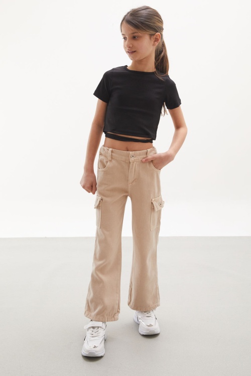Krem Kargo Cepli Geniş Paça Kız Çocuk Jean Pantolon 18113