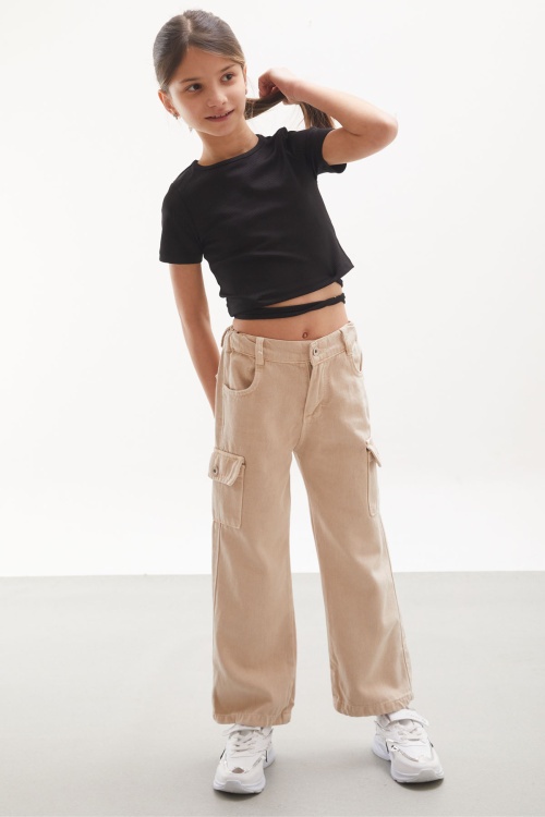 Krem Kargo Cepli Geniş Paça Kız Çocuk Jean Pantolon 18113
