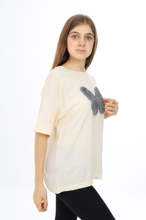 Krem Kelebek İşlemeli Kısa Kol Kız Çocuk Tişört 17787