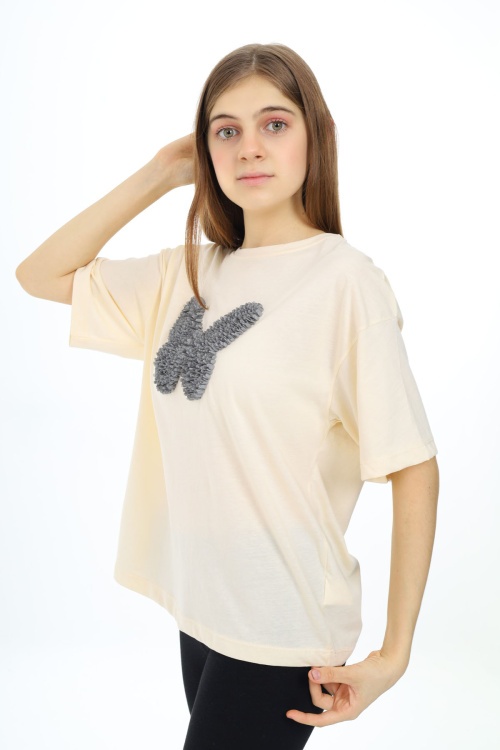 Krem Kelebek İşlemeli Kısa Kol Kız Çocuk Tişört 17787