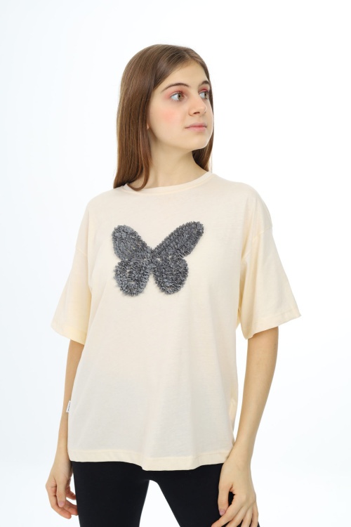 Krem Kelebek İşlemeli Kısa Kol Kız Çocuk Tişört 17787