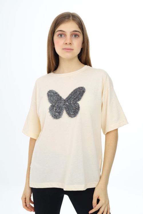 Krem Kelebek İşlemeli Kısa Kol Kız Çocuk Tişört 17787