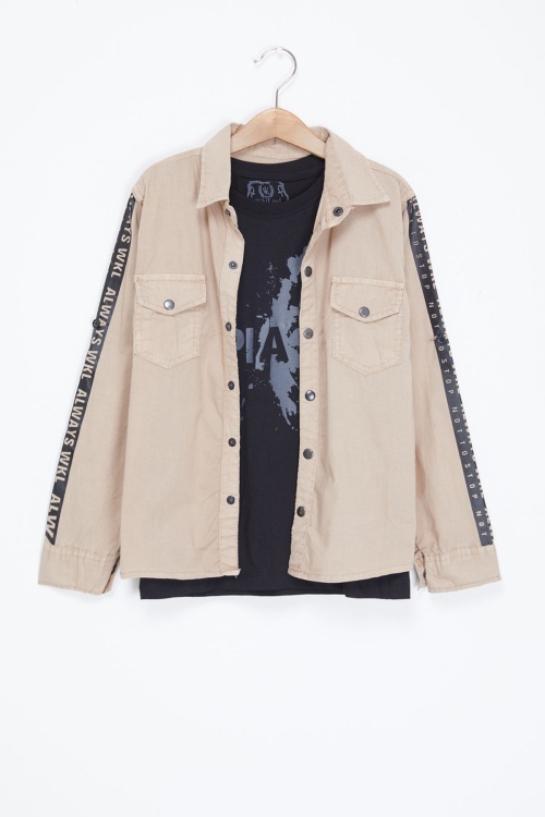 Krem Kolları Şerit Yazılı Jean Gömlekli Tişört Erkek Çocuk 2li Takım 17648