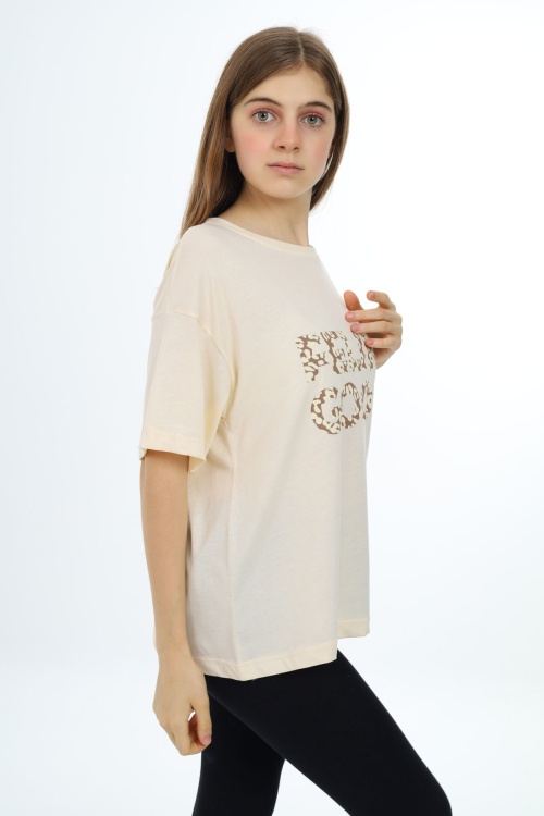 Krem Leopar Desenli Yazılı Bisiklet Yaka Kız T-shirt 18007