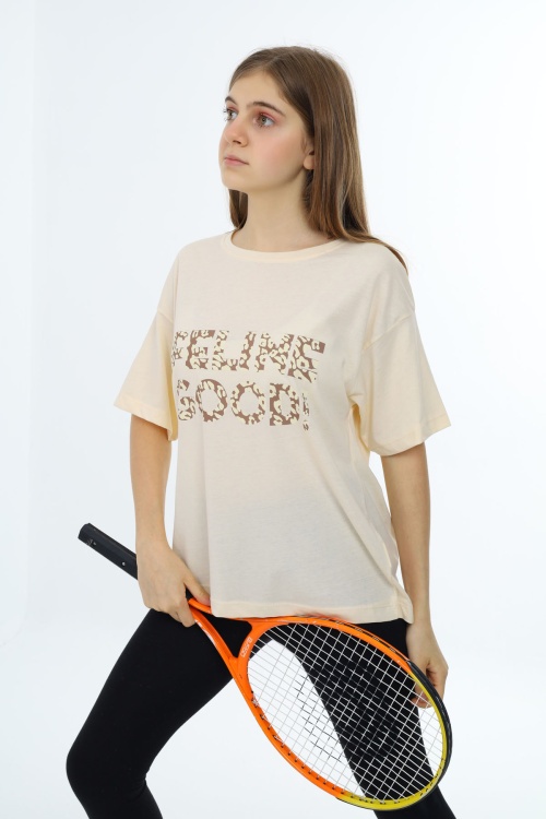 Krem Leopar Desenli Yazılı Bisiklet Yaka Kız T-shirt 18007