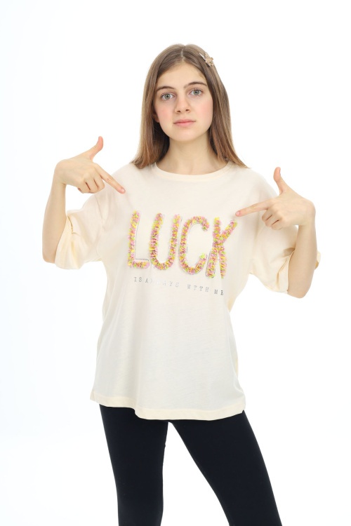 Krem Luck Yazılı Bisiklet Yaka Kız Tişört 17806