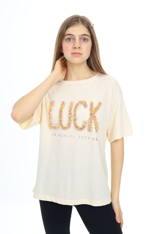 Krem Luck Yazılı Bisiklet Yaka Kız Tişört 17806