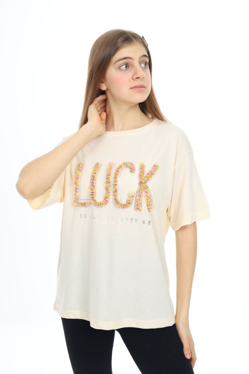 Krem Luck Yazılı Bisiklet Yaka Kız Tişört 17806