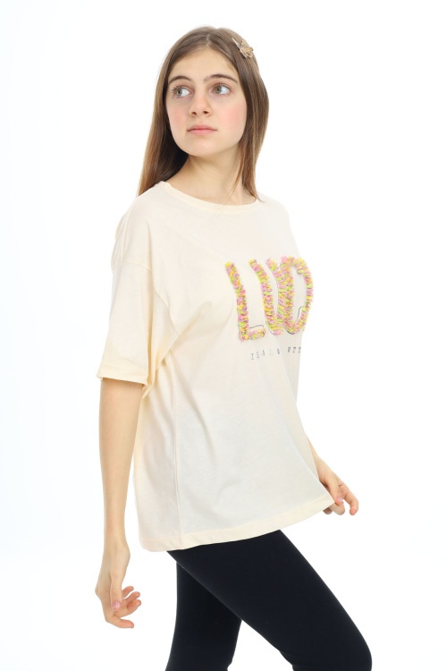 Krem Luck Yazılı Bisiklet Yaka Kız Tişört 17806