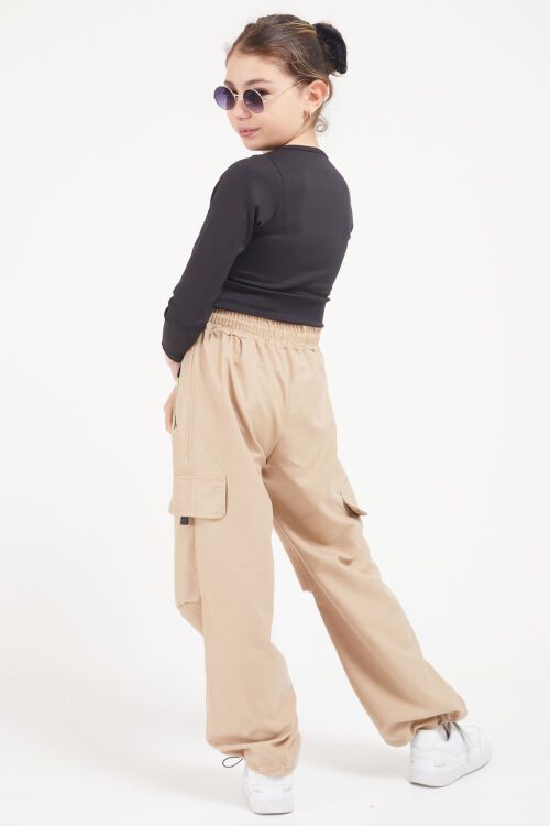 Krem Şeritli Fermuarlı Kargo Cepli Kız Paraşüt Pantolon 17604